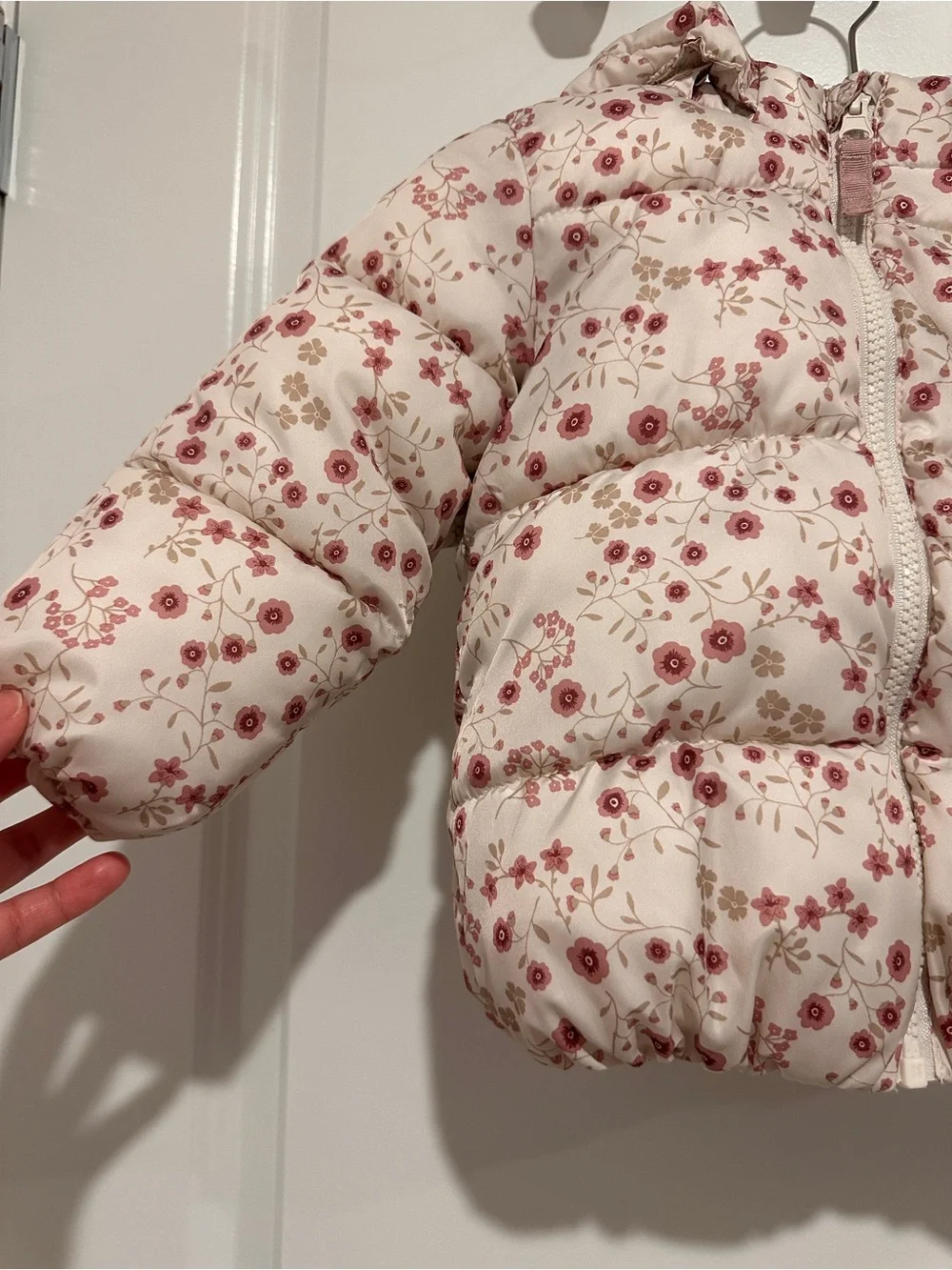 H&M Baby Girl Cream Puffer Jacket with Pink Floral Print